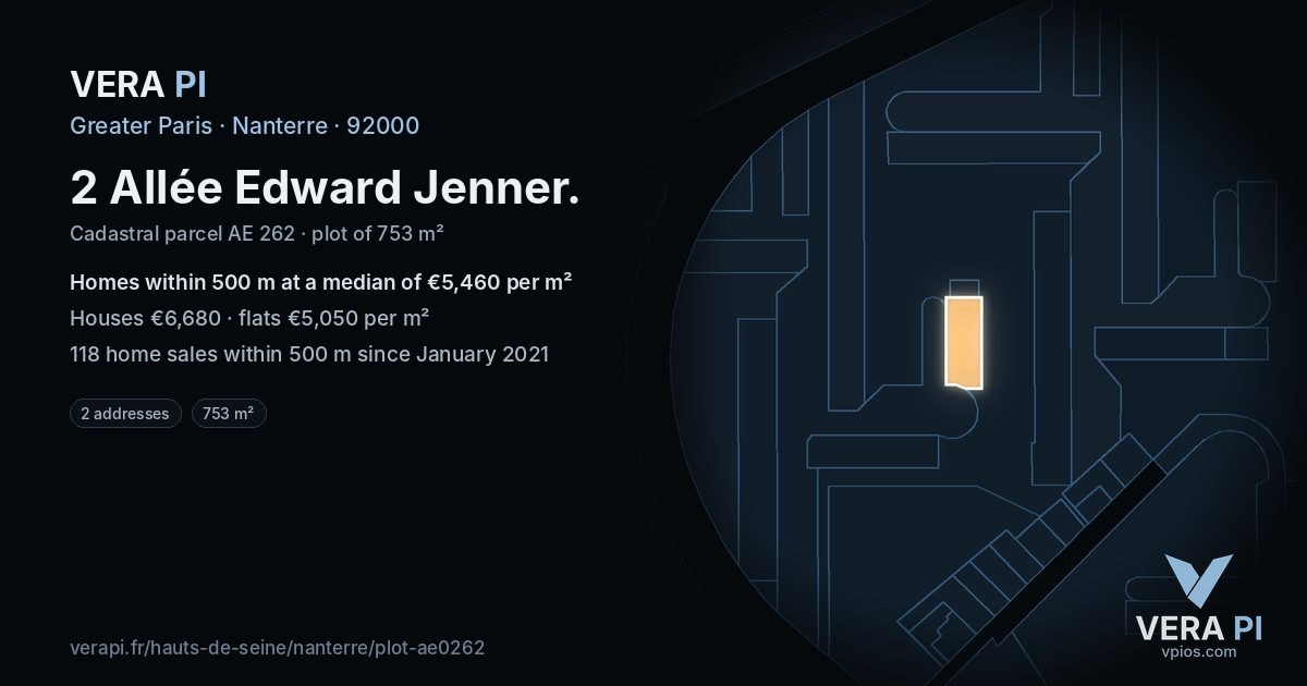 2 Allée Edward Jenner, Nanterre at night – the plot lit, the parcels around coloured by the prices near them
