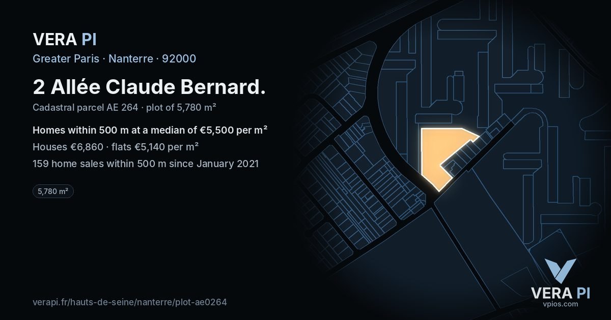 2 Allée Claude Bernard, Nanterre at night – the plot lit, the parcels around coloured by the prices near them