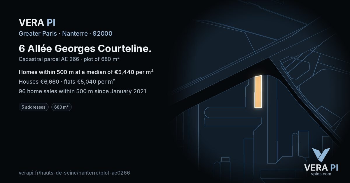 6 Allée Georges Courteline, Nanterre at night – the plot lit, the parcels around coloured by the prices near them