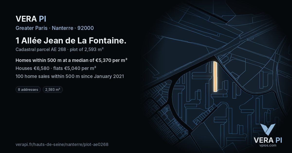 1 Allée Jean de La Fontaine, Nanterre at night – the plot lit, the parcels around coloured by the prices near them