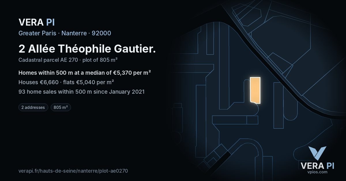 2 Allée Théophile Gautier, Nanterre at night – the plot lit, the parcels around coloured by the prices near them