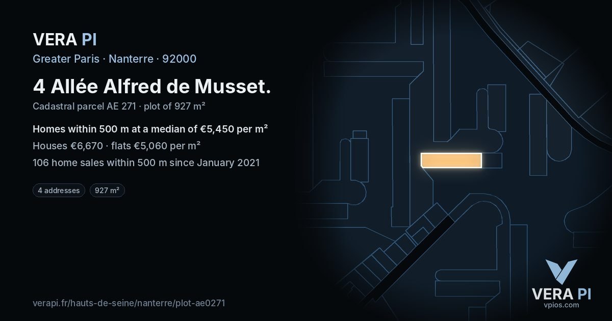 4 Allée Alfred de Musset, Nanterre at night – the plot lit, the parcels around coloured by the prices near them