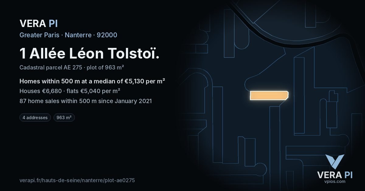 1 Allée Léon Tolstoï, Nanterre at night – the plot lit, the parcels around coloured by the prices near them