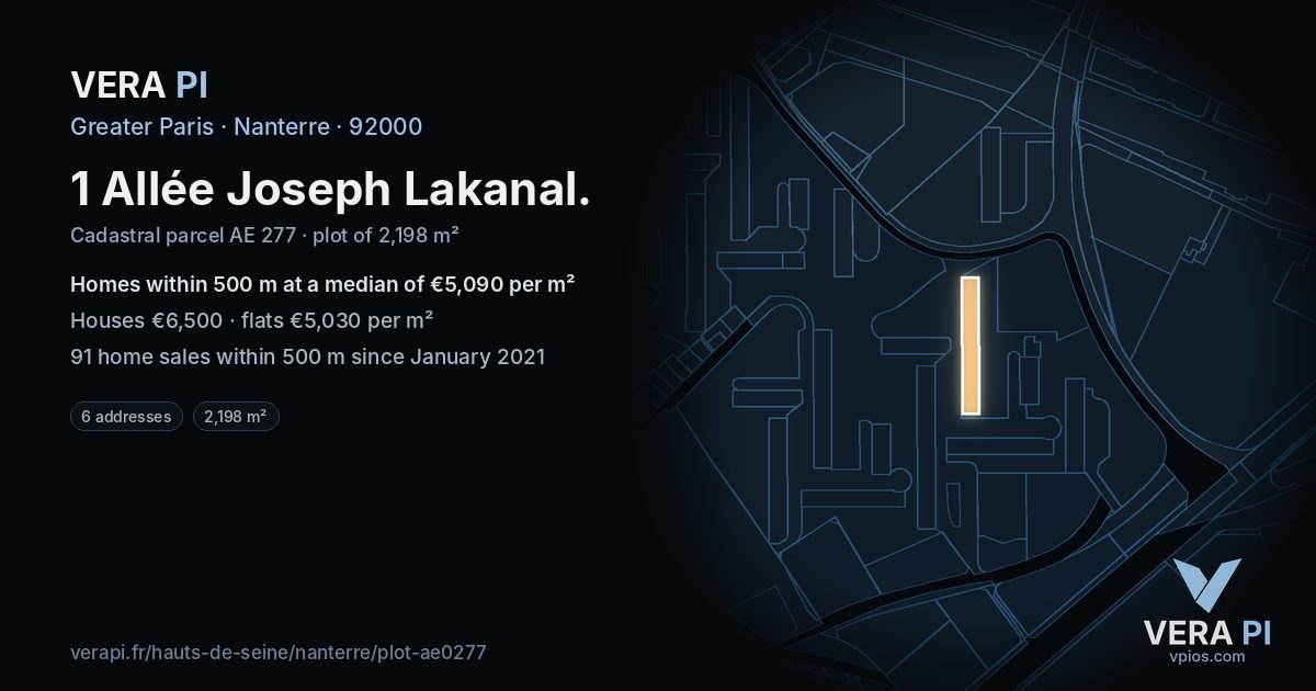1 Allée Joseph Lakanal, Nanterre at night – the plot lit, the parcels around coloured by the prices near them