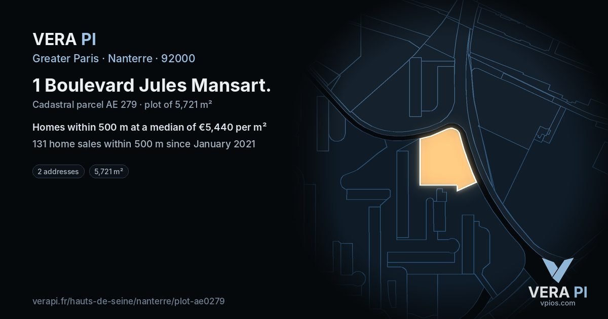 1 Boulevard Jules Mansart, Nanterre at night – the plot lit, the parcels around coloured by the prices near them