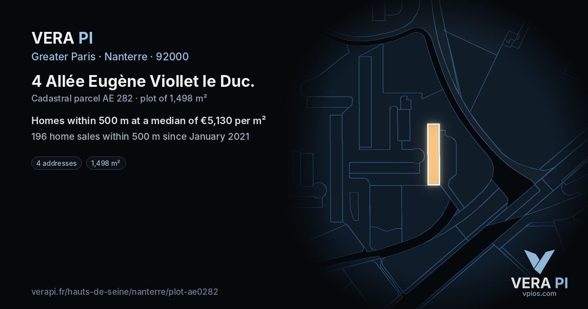 4 Allée Eugène Viollet le Duc, Nanterre at night – the plot lit, the parcels around coloured by the prices near them