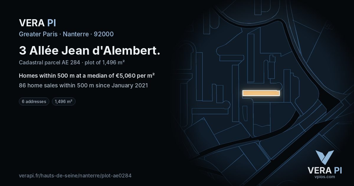 3 Allée Jean d'Alembert, Nanterre at night – the plot lit, the parcels around coloured by the prices near them