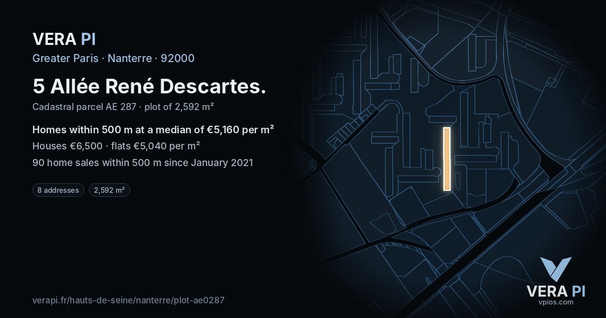 5 Allée René Descartes, Nanterre at night – the plot lit, the parcels around coloured by the prices near them