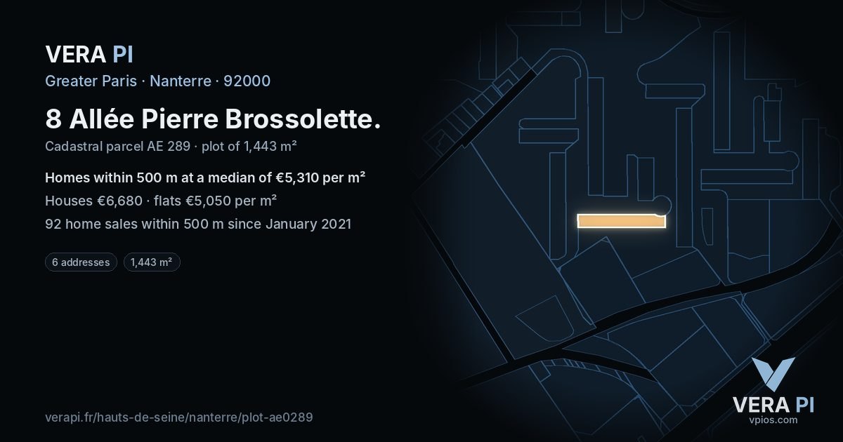 8 Allée Pierre Brossolette, Nanterre at night – the plot lit, the parcels around coloured by the prices near them