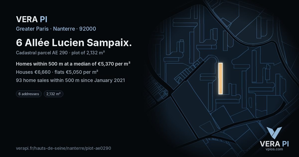 6 Allée Lucien Sampaix, Nanterre at night – the plot lit, the parcels around coloured by the prices near them