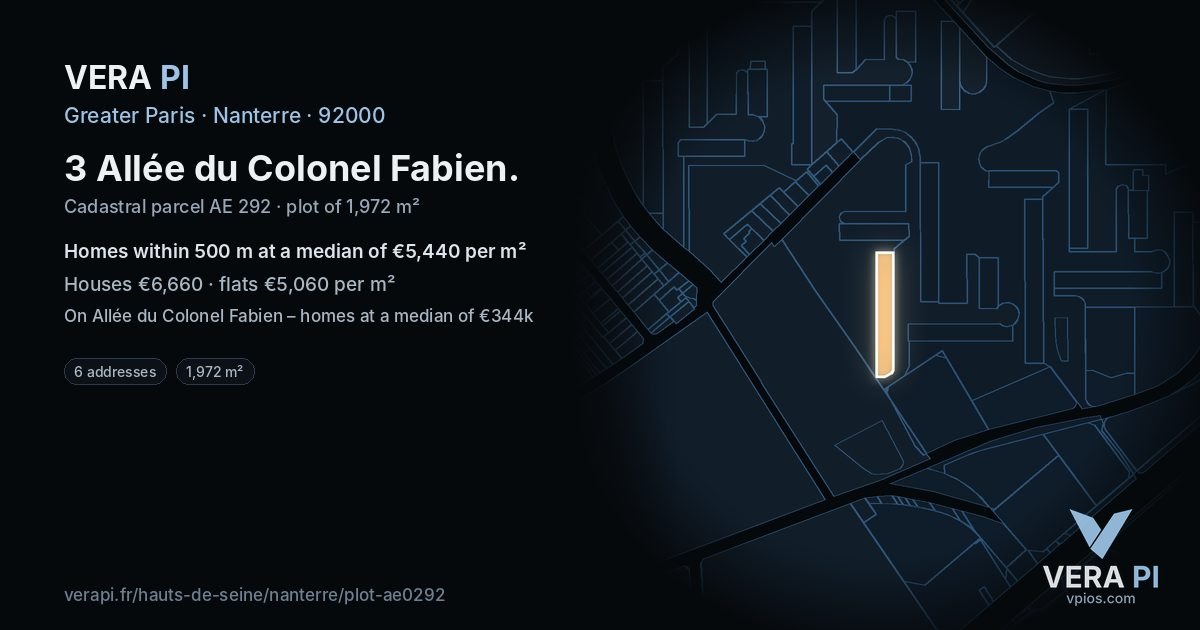 3 Allée du Colonel Fabien, Nanterre at night – the plot lit, the parcels around coloured by the prices near them