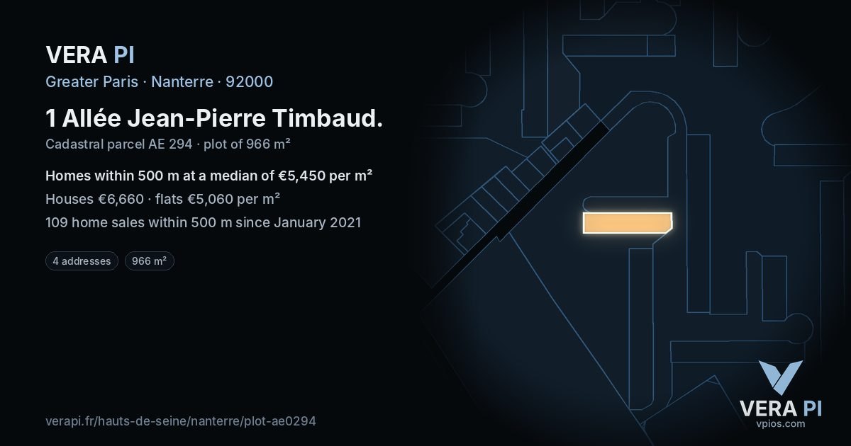 1 Allée Jean-Pierre Timbaud, Nanterre at night – the plot lit, the parcels around coloured by the prices near them