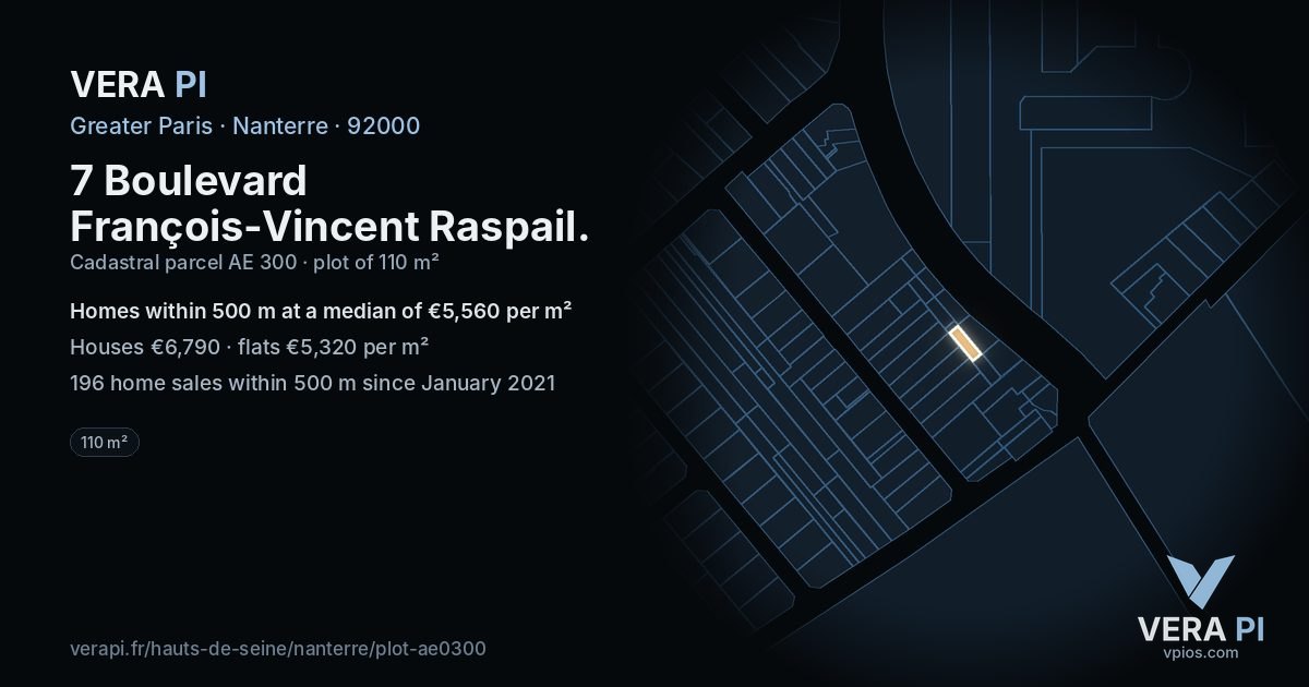 7 Boulevard François-Vincent Raspail, Nanterre at night – the plot lit, the parcels around coloured by the prices near them