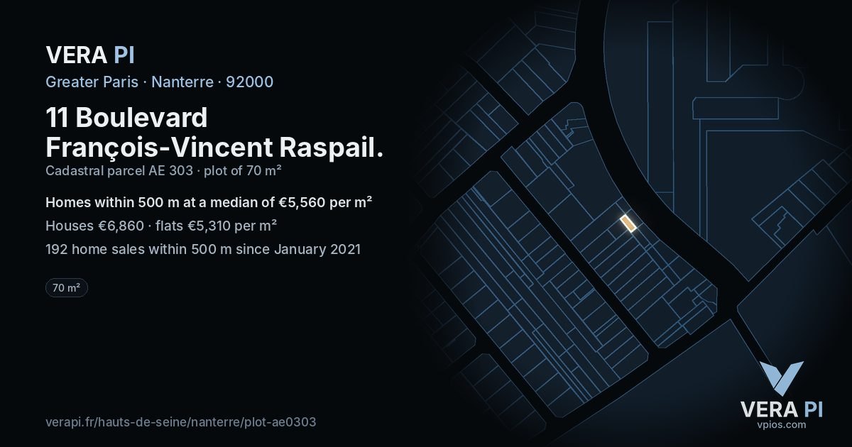 11 Boulevard François-Vincent Raspail, Nanterre at night – the plot lit, the parcels around coloured by the prices near them