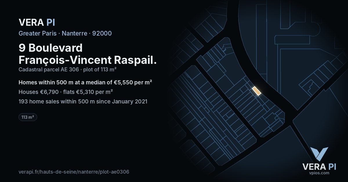 9 Boulevard François-Vincent Raspail, Nanterre at night – the plot lit, the parcels around coloured by the prices near them