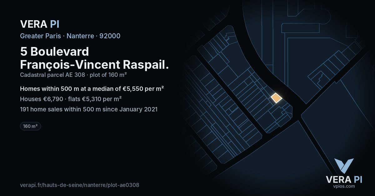 5 Boulevard François-Vincent Raspail, Nanterre at night – the plot lit, the parcels around coloured by the prices near them