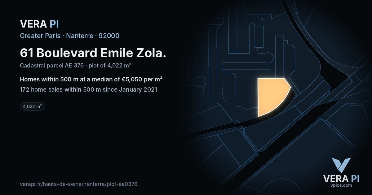61 Boulevard Emile Zola, Nanterre at night – the plot lit, the parcels around coloured by the prices near them