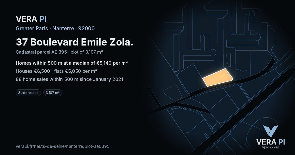 37 Boulevard Emile Zola, Nanterre at night – the plot lit, the parcels around coloured by the prices near them