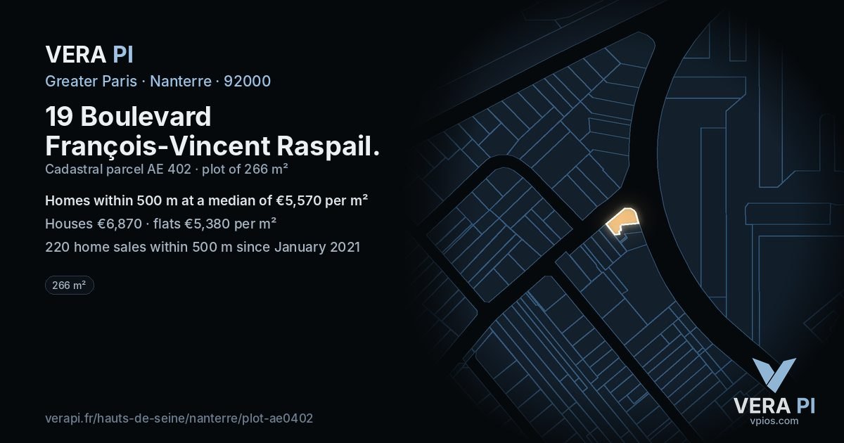 19 Boulevard François-Vincent Raspail, Nanterre at night – the plot lit, the parcels around coloured by the prices near them