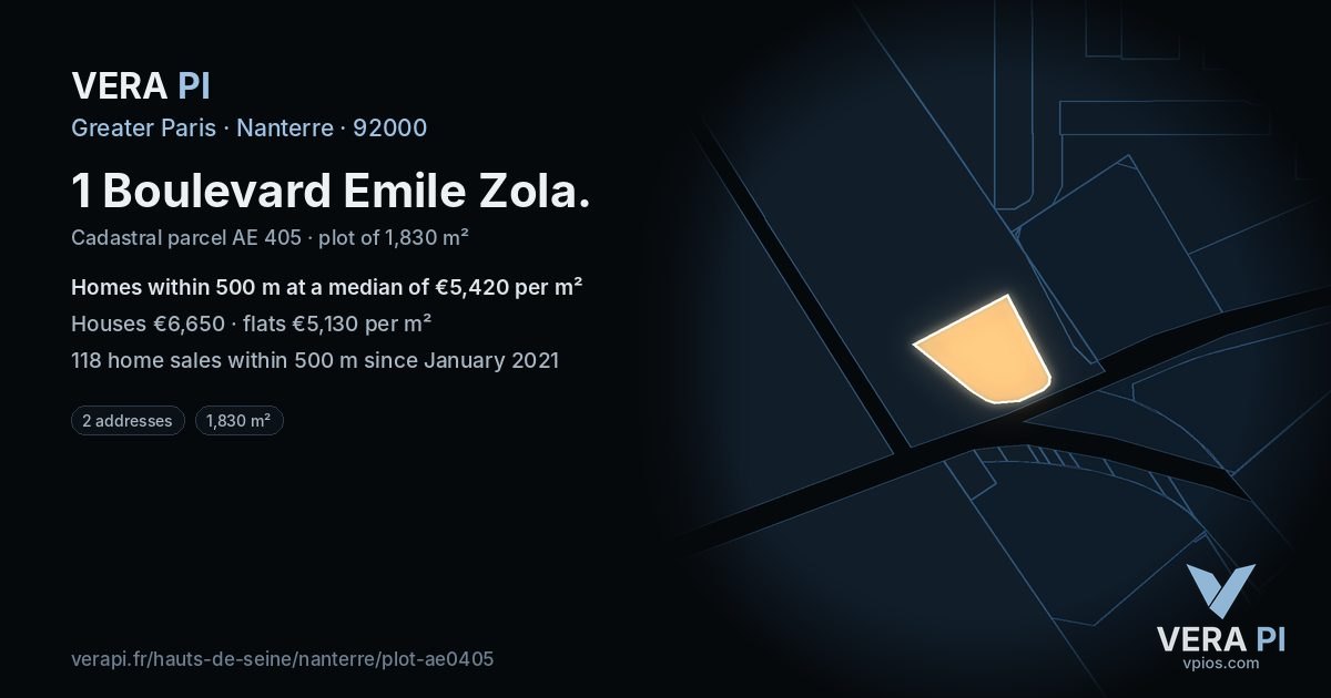 1 Boulevard Emile Zola, Nanterre at night – the plot lit, the parcels around coloured by the prices near them