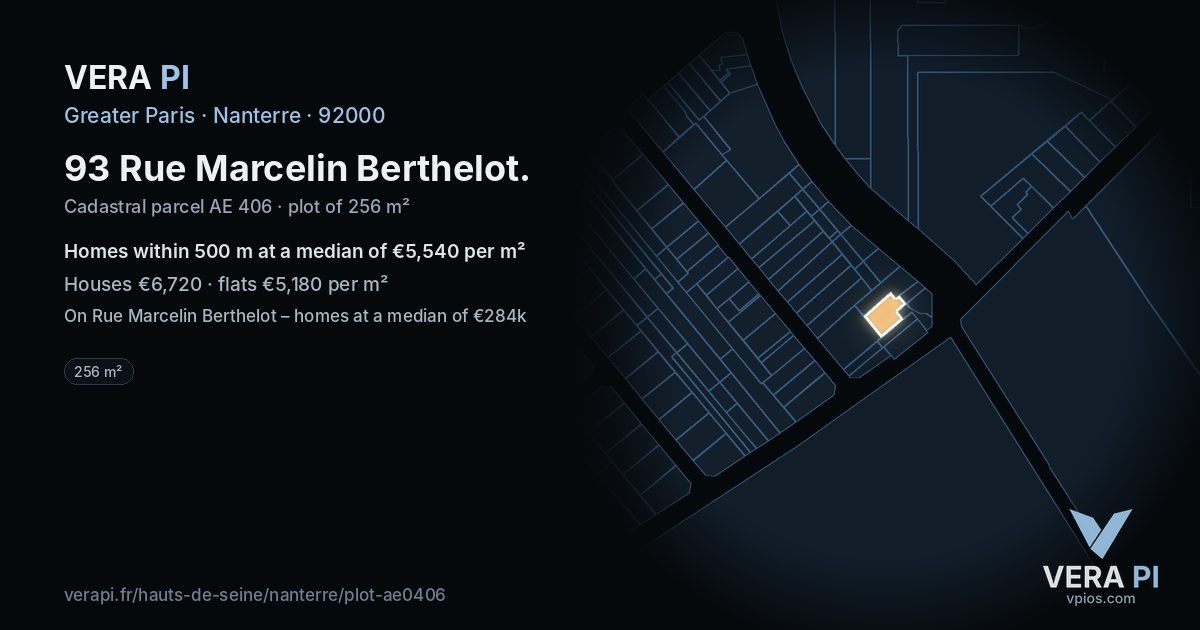 93 Rue Marcelin Berthelot, Nanterre at night – the plot lit, the parcels around coloured by the prices near them