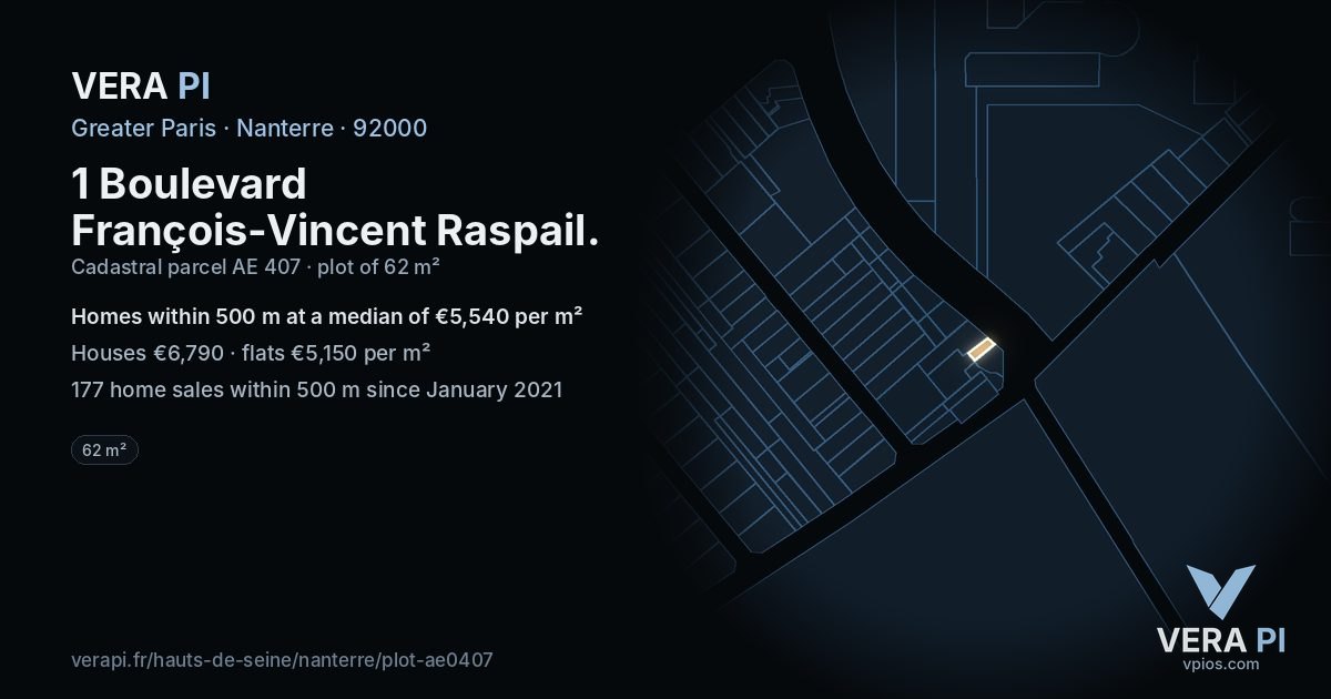 1 Boulevard François-Vincent Raspail, Nanterre at night – the plot lit, the parcels around coloured by the prices near them