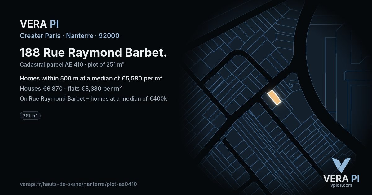 188 Rue Raymond Barbet, Nanterre at night – the plot lit, the parcels around coloured by the prices near them