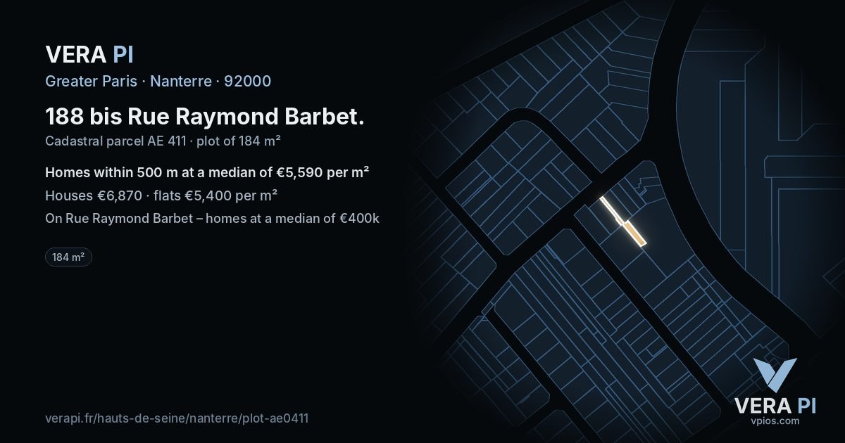 188 bis Rue Raymond Barbet, Nanterre at night – the plot lit, the parcels around coloured by the prices near them