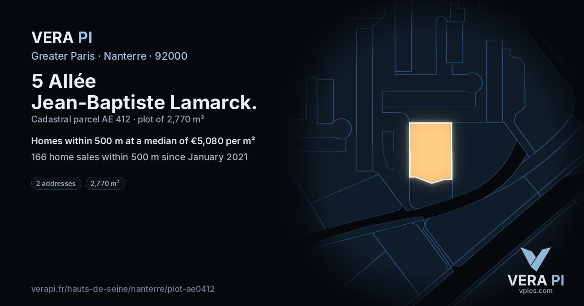 5 Allée Jean-Baptiste Lamarck, Nanterre at night – the plot lit, the parcels around coloured by the prices near them