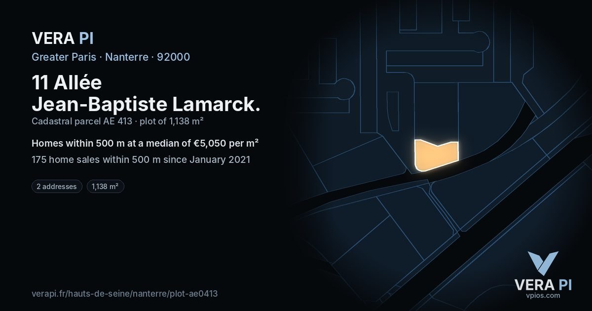 11 Allée Jean-Baptiste Lamarck, Nanterre at night – the plot lit, the parcels around coloured by the prices near them