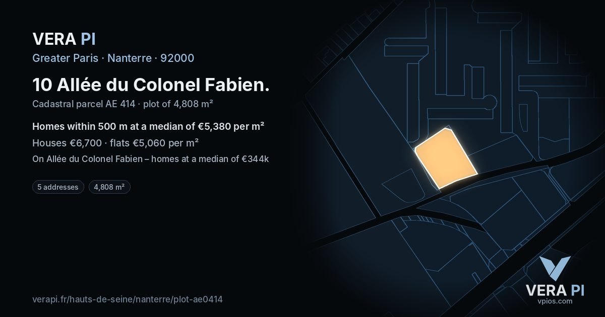 10 Allée du Colonel Fabien, Nanterre at night – the plot lit, the parcels around coloured by the prices near them