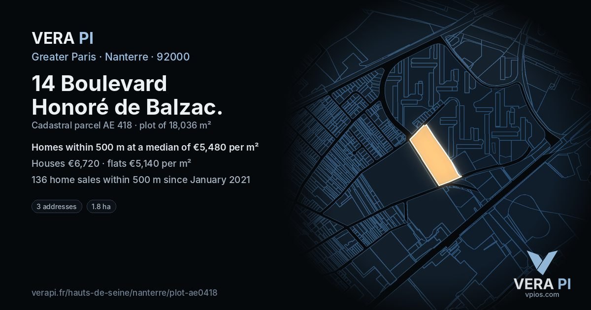 14 Boulevard Honoré de Balzac, Nanterre at night – the plot lit, the parcels around coloured by the prices near them