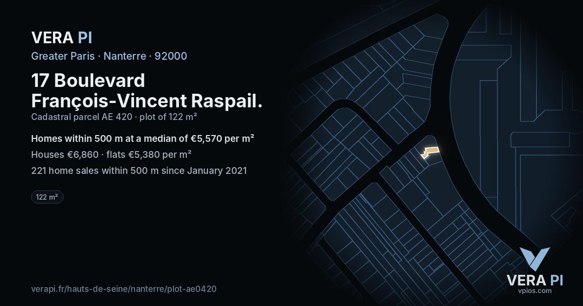 17 Boulevard François-Vincent Raspail, Nanterre at night – the plot lit, the parcels around coloured by the prices near them