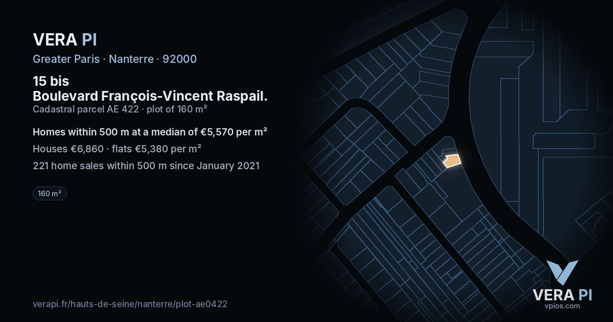 15 bis Boulevard François-Vincent Raspail, Nanterre at night – the plot lit, the parcels around coloured by the prices near them