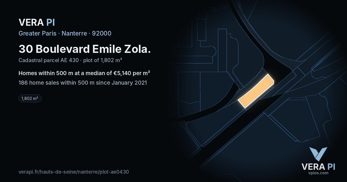 30 Boulevard Emile Zola, Nanterre at night – the plot lit, the parcels around coloured by the prices near them