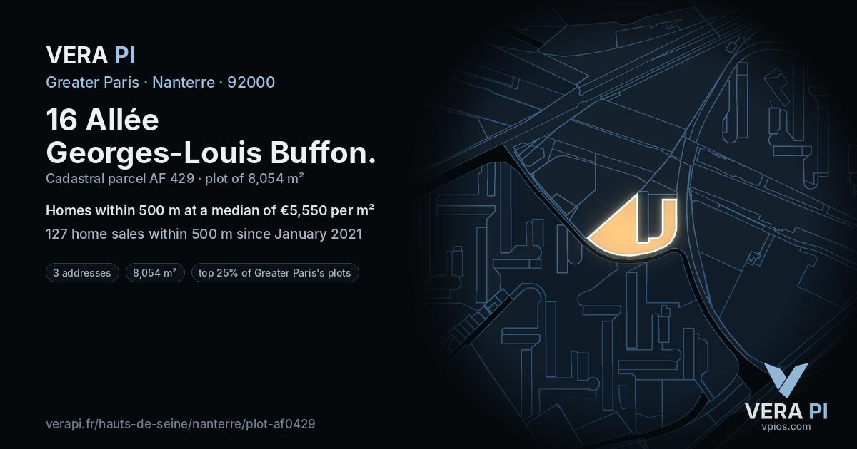 16 Allée Georges-Louis Buffon, Nanterre at night – the plot lit, the parcels around coloured by the prices near them