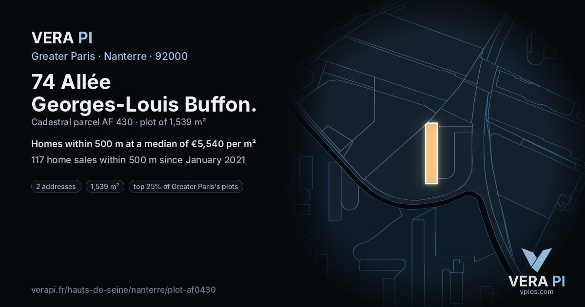 74 Allée Georges-Louis Buffon, Nanterre at night – the plot lit, the parcels around coloured by the prices near them