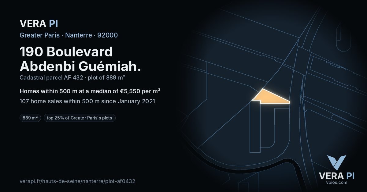 190 Boulevard Abdenbi Guémiah, Nanterre at night – the plot lit, the parcels around coloured by the prices near them