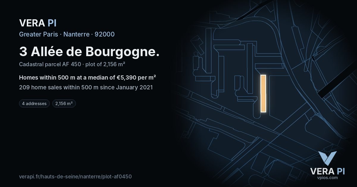 3 Allée de Bourgogne, Nanterre at night – the plot lit, the parcels around coloured by the prices near them