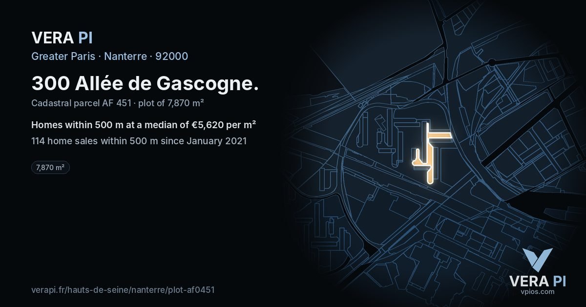 300 Allée de Gascogne, Nanterre at night – the plot lit, the parcels around coloured by the prices near them