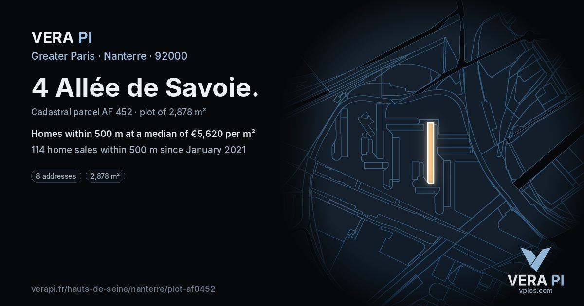 4 Allée de Savoie, Nanterre at night – the plot lit, the parcels around coloured by the prices near them