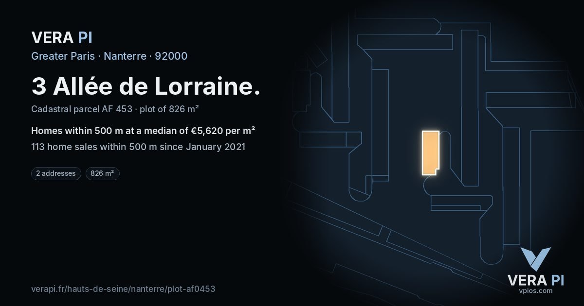 3 Allée de Lorraine, Nanterre at night – the plot lit, the parcels around coloured by the prices near them