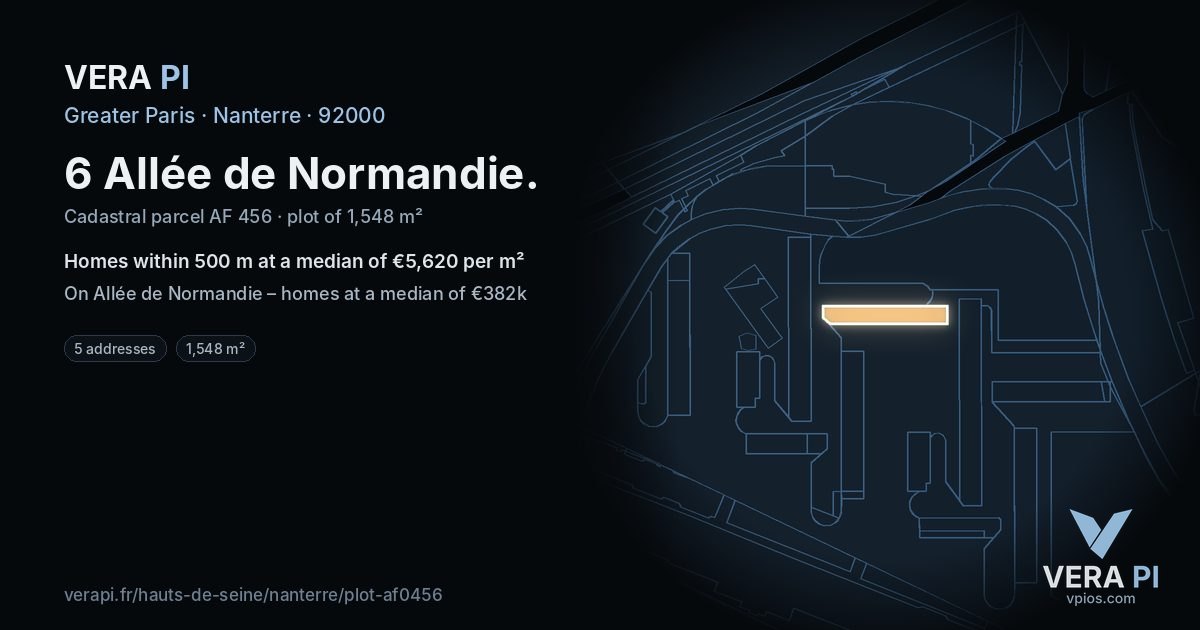 6 Allée de Normandie, Nanterre at night – the plot lit, the parcels around coloured by the prices near them