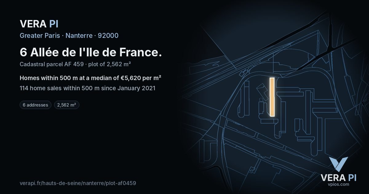 6 Allée de l'Ile de France, Nanterre at night – the plot lit, the parcels around coloured by the prices near them
