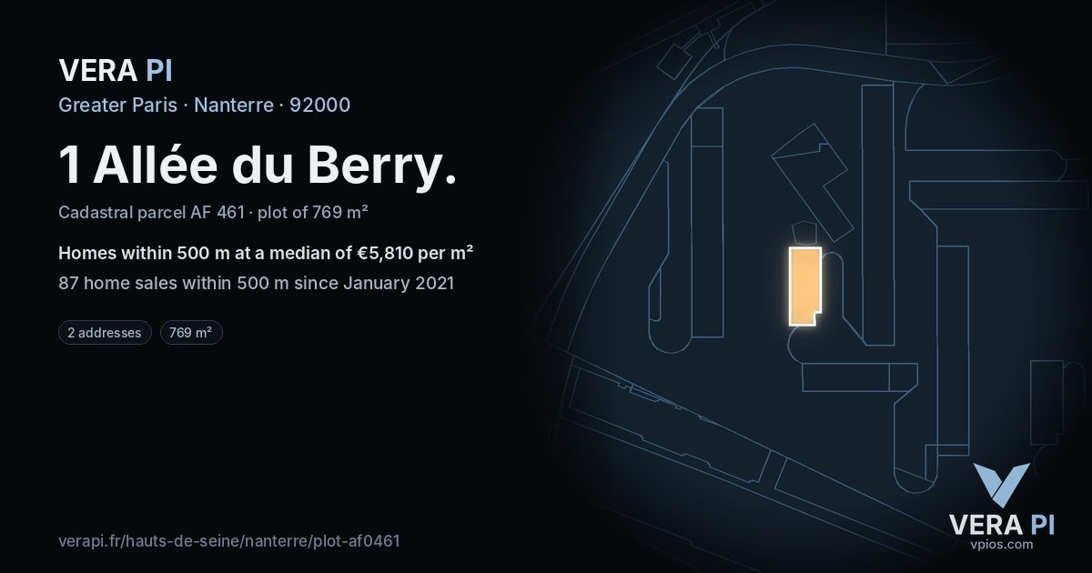 1 Allée du Berry, Nanterre at night – the plot lit, the parcels around coloured by the prices near them