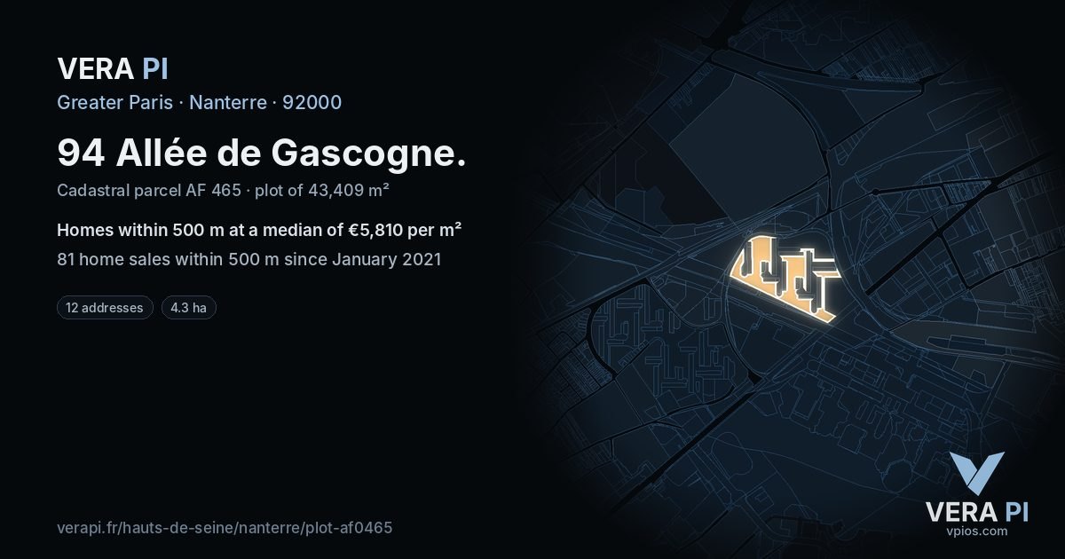 94 Allée de Gascogne, Nanterre at night – the plot lit, the parcels around coloured by the prices near them