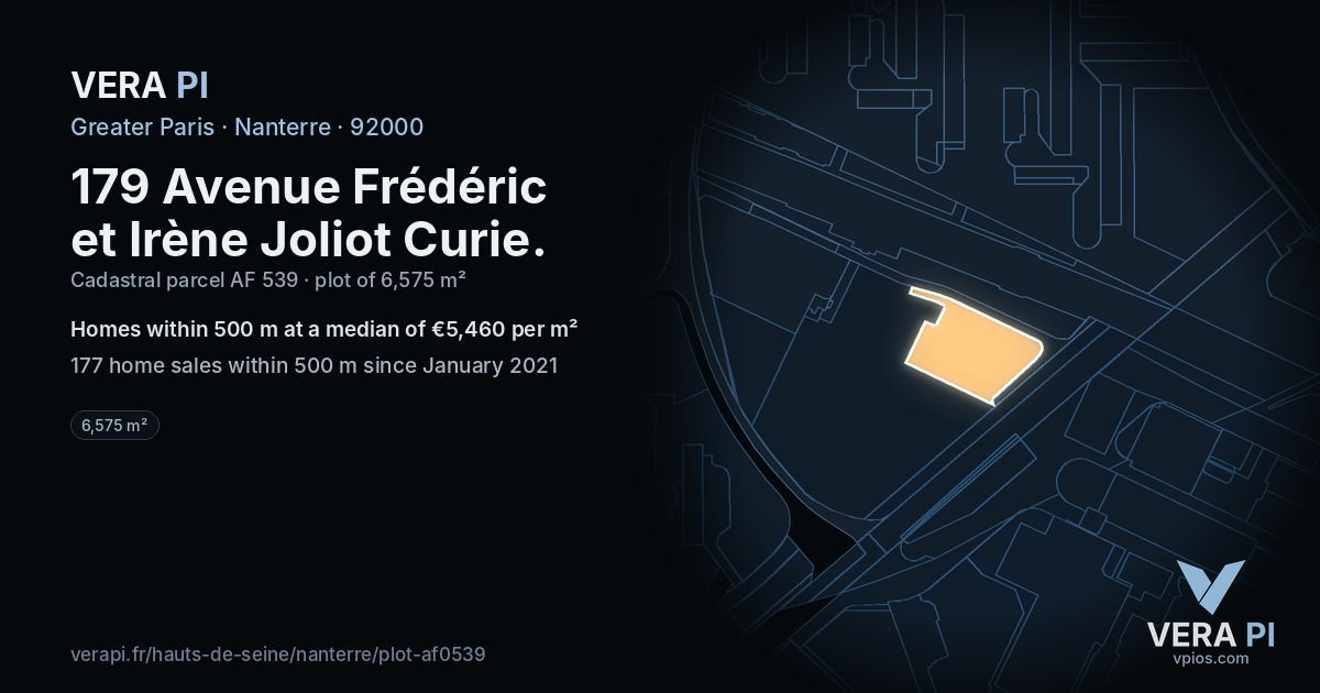 179 Avenue Frédéric et Irène Joliot Curie, Nanterre at night – the plot lit, the parcels around coloured by the prices near them