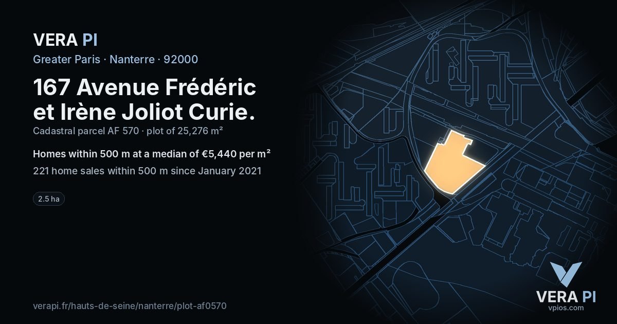 167 Avenue Frédéric et Irène Joliot Curie, Nanterre at night – the plot lit, the parcels around coloured by the prices near them