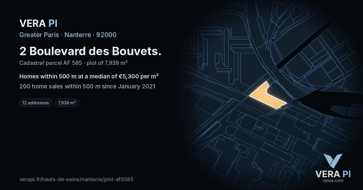 2 Boulevard des Bouvets, Nanterre at night – the plot lit, the parcels around coloured by the prices near them