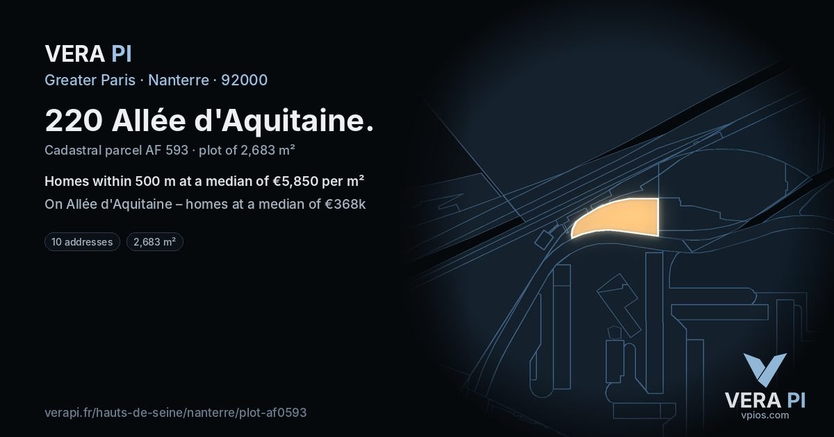 220 Allée d'Aquitaine, Nanterre at night – the plot lit, the parcels around coloured by the prices near them